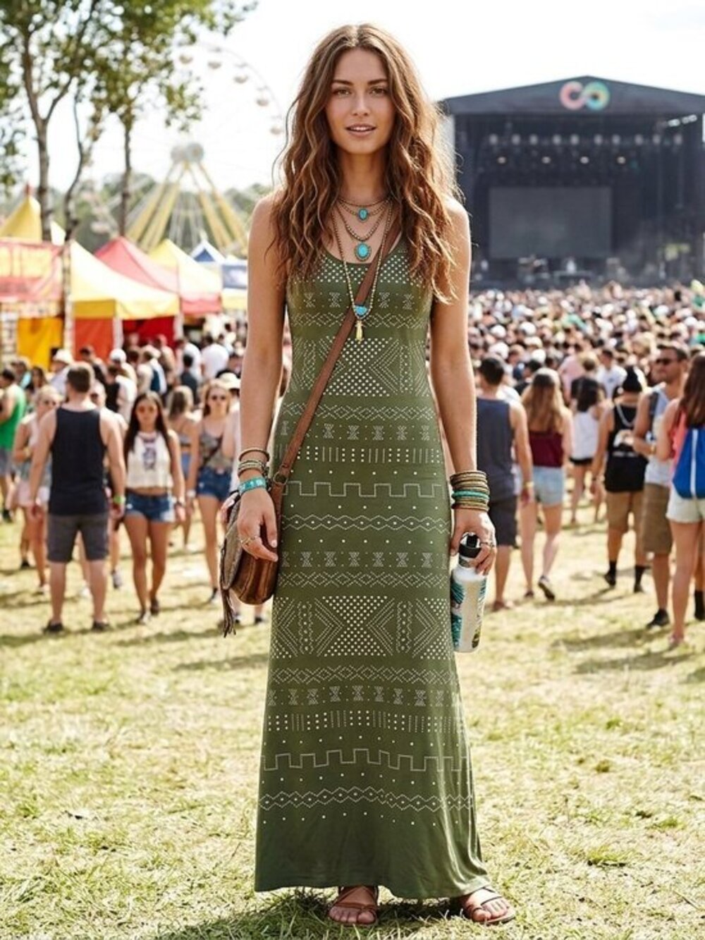 Ronny kobo olive Green Boho studded Patterned Maxi festival Dress size medium